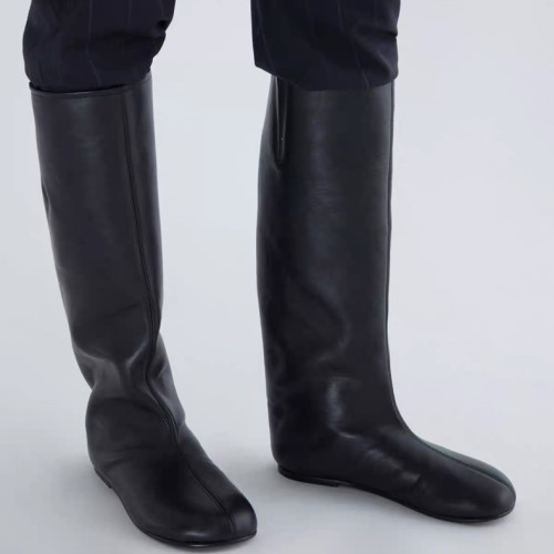 羊皮版~韓版圓頭真皮平底長靴百搭騎士靴秋冬簡約寬筒高筒靴長靴