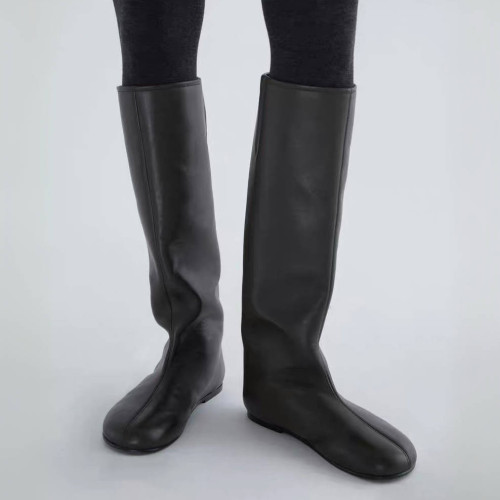 羊皮版~韓版圓頭真皮平底長靴百搭騎士靴秋冬簡約寬筒高筒靴長靴