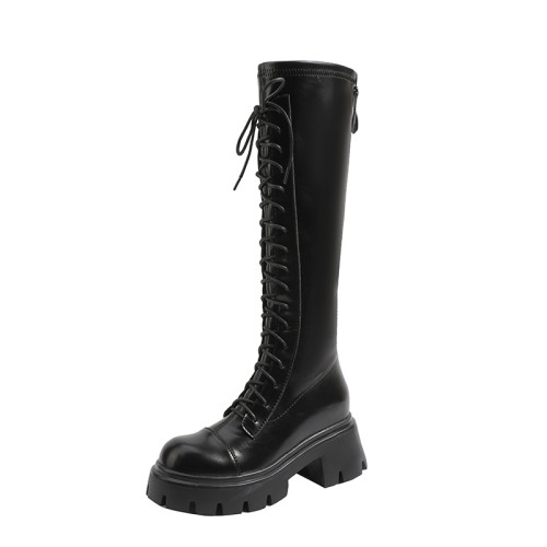 騎士靴小個子內增高長靴女冬季加絨白色系帶英倫風高筒後拉鍊厚底