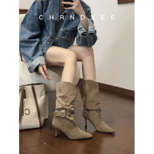 牛皮版~復古絨面褶皺堆堆靴女秋冬新款寬筒西部靴尖頭細跟中筒靴