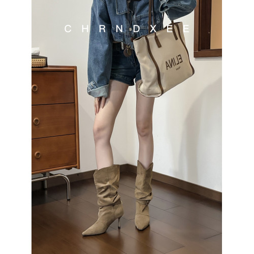 牛皮版~復古絨面褶皺堆堆靴女秋冬新款寬筒西部靴尖頭細跟中筒靴