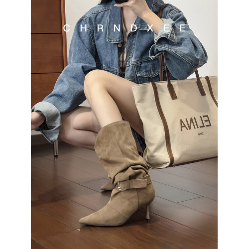 牛皮版~復古絨面褶皺堆堆靴女秋冬新款寬筒西部靴尖頭細跟中筒靴