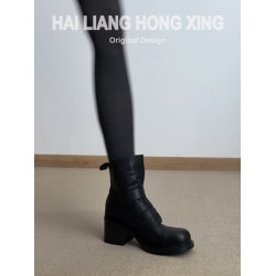 羊皮版~復古高跟短靴女新款百搭褶皺魔術貼粗跟西部馬丁靴瘦瘦靴