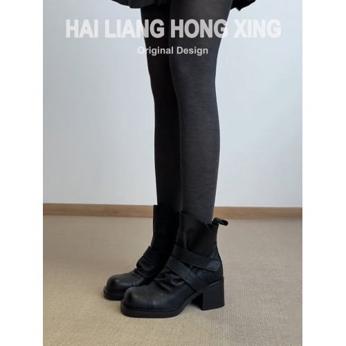 羊皮版~復古高跟短靴女新款百搭褶皺魔術貼粗跟西部馬丁靴瘦瘦靴