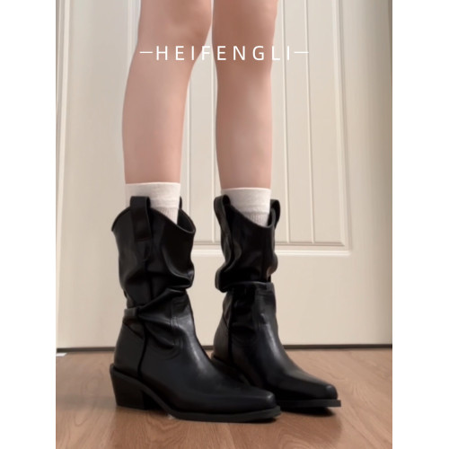 牛皮版~真皮顯瘦尖頭粗跟短靴女秋冬新款堆堆靴西部牛仔靴馬丁靴