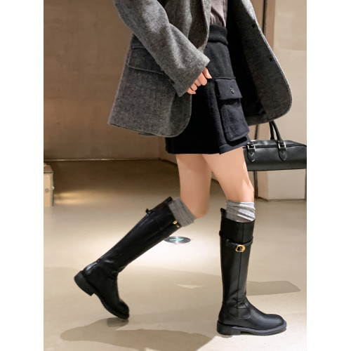 長腿警告～！真皮粗跟皮帶釦高筒騎士靴女新款圓頭復古時裝靴長靴