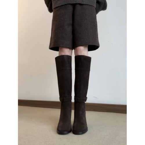 羊皮版~秋冬韓版風絨面高跟顯瘦寬筒長靴女法式真皮方頭時裝靴子