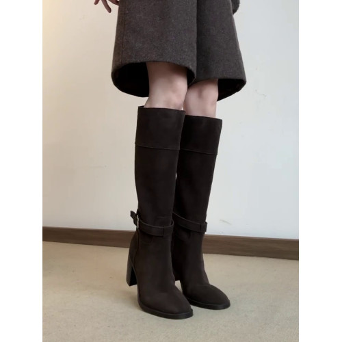 羊皮版~秋冬韓版風絨面高跟顯瘦寬筒長靴女法式真皮方頭時裝靴子