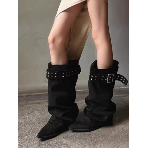 尖頭粗跟褲琯靴西部牛仔堆堆長靴子女2025新款夏秋高筒長筒中筒靴