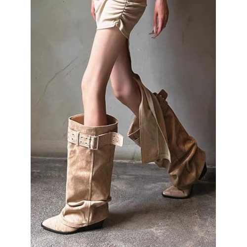 尖頭粗跟褲琯靴西部牛仔堆堆長靴子女2025新款夏秋高筒長筒中筒靴