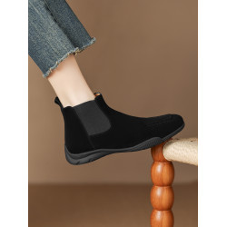 早號運動底單靴磨砂皮圓頭短靴女松緊套筒菸筒靴舒適透氣女靴春秋