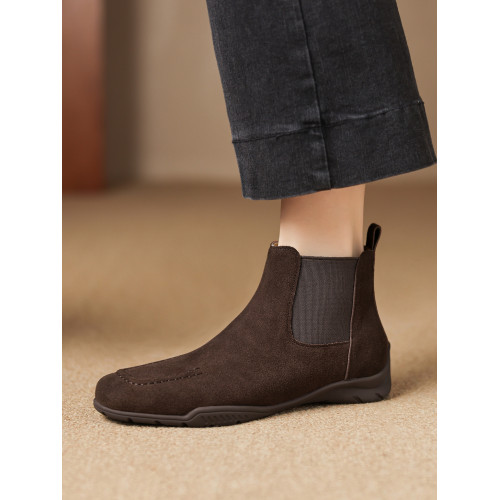 早號運動底單靴磨砂皮圓頭短靴女松緊套筒菸筒靴舒適透氣女靴春秋