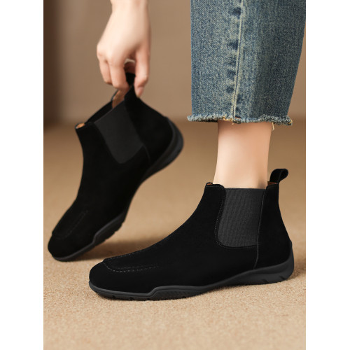 早號運動底單靴磨砂皮圓頭短靴女松緊套筒菸筒靴舒適透氣女靴春秋