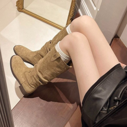 棕色長筒靴子女2026新款夏秋堆堆靴西部牛仔高筒靴不過膝騎士長靴