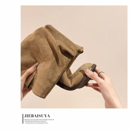 棕色長筒靴子女2026新款夏秋堆堆靴西部牛仔高筒靴不過膝騎士長靴