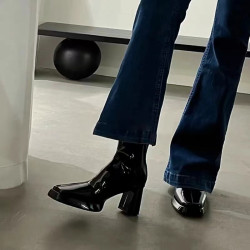 法式方頭粗跟小短靴女黑色真皮高跟鞋後拉鍊馬丁靴漆皮瘦瘦靴子冬