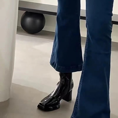 法式方頭粗跟小短靴女黑色真皮高跟鞋後拉鍊馬丁靴漆皮瘦瘦靴子冬