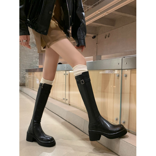 ins一眼別離！巨腿瘦~真皮厚底黑色騎士靴女小個子長筒靴高跟靴子