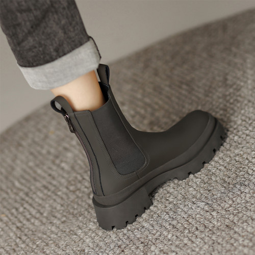 馬丁靴女後拉鍊春秋單靴英倫風真皮厚底菸筒靴顯瘦圓頭切爾西短靴 馬丁靴女後拉鍊春秋單靴英倫風真皮厚底菸筒靴顯瘦圓頭切爾西短靴