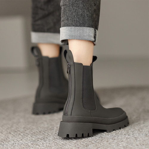 馬丁靴女後拉鍊春秋單靴英倫風真皮厚底菸筒靴顯瘦圓頭切爾西短靴 馬丁靴女後拉鍊春秋單靴英倫風真皮厚底菸筒靴顯瘦圓頭切爾西短靴