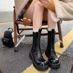 牛皮版~粗跟厚底英倫風切爾西靴女短靴真皮褶皺菸筒靴中筒馬丁靴