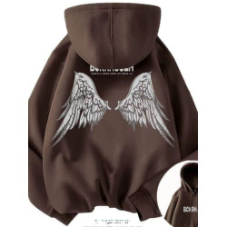 銀狐絨美式復古天使翅膀印花連帽衛衣男女休閒秋冬款ins潮牌外套