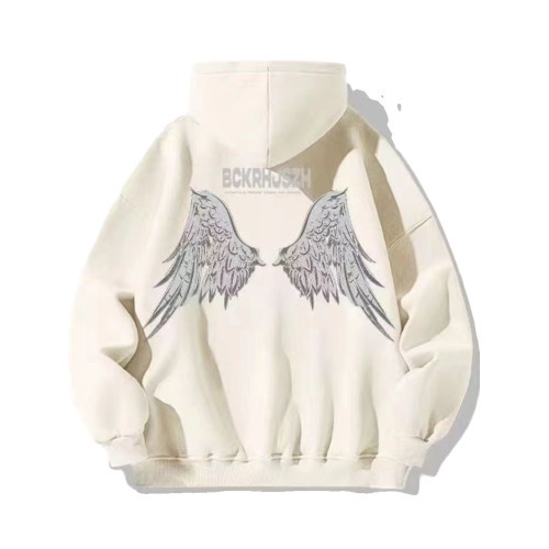 銀狐絨美式復古天使翅膀印花連帽衛衣男女休閒秋冬款ins潮牌外套