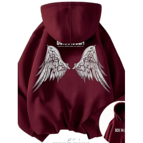 銀狐絨美式復古天使翅膀印花連帽衛衣男女休閒秋冬款ins潮牌外套