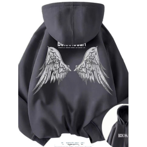 銀狐絨美式復古天使翅膀印花連帽衛衣男女休閒秋冬款ins潮牌外套