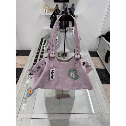 韓國小衆品牌hieta托特包新款復古辣妹鉚釘牛仔手提大容量單肩包