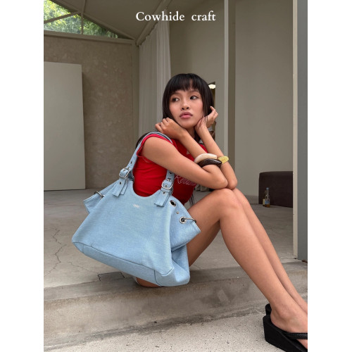 韓國小衆品牌hieta托特包新款復古辣妹鉚釘牛仔手提大容量單肩包