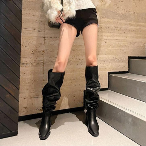 歐美顯瘦褶皺堆堆靴粗跟高跟不過膝長靴女2025新款方頭高筒騎士靴