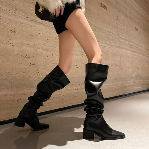 歐美顯瘦褶皺堆堆靴粗跟高跟不過膝長靴女2025新款方頭高筒騎士靴