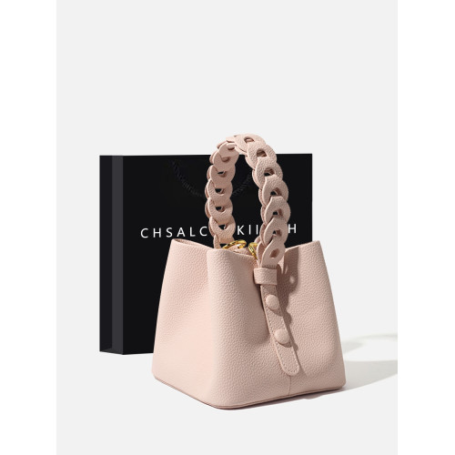 【三川田】奶昔粉菜籃子手提包高級感真皮編織水桶包斜背2026新款 【三川田】奶昔粉菜籃子手提包高級感真皮編織水桶包斜背2026新款