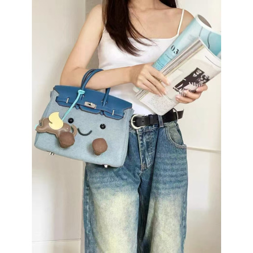 可愛小衆藍色牛仔布單肩斜背鉑金包時尚秋冬款手提通勤包