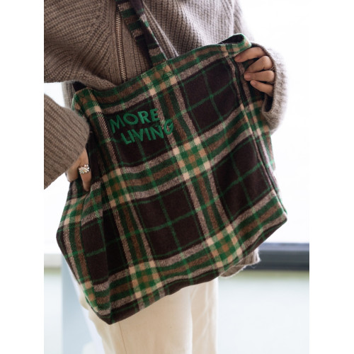 VM香草山 綠格格 格子單肩包原創設計厚款帆布毛呢大容量環保袋