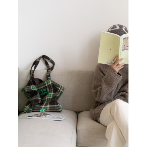 VM香草山 綠格格 格子單肩包原創設計厚款帆布毛呢大容量環保袋