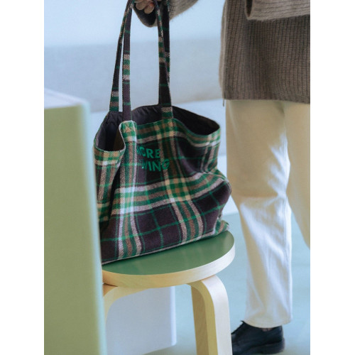 VM香草山 綠格格 格子單肩包原創設計厚款帆布毛呢大容量環保袋