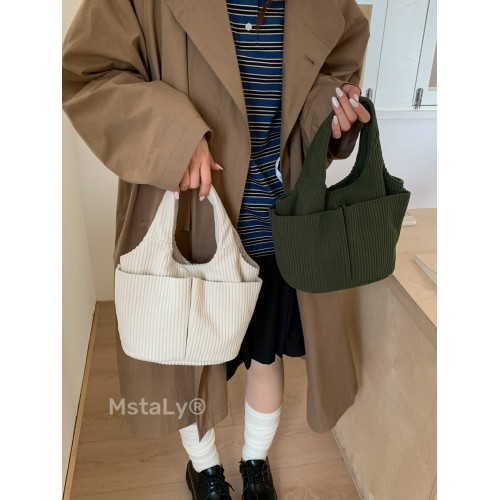 秋冬季超火燈芯絨手提水桶包女外出雜物輕便小拎包上班飯盒便當包