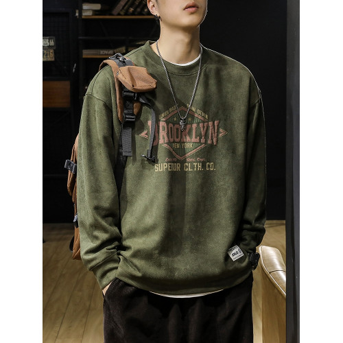 美式復古麂皮絨衛衣男春秋季寬鬆潮牌圓領長袖男裝上衣外套T恤潮