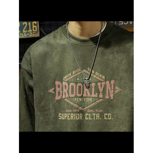 美式復古麂皮絨衛衣男春秋季寬鬆潮牌圓領長袖男裝上衣外套T恤潮