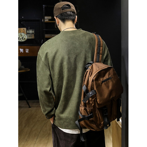 美式復古麂皮絨衛衣男春秋季寬鬆潮牌圓領長袖男裝上衣外套T恤潮