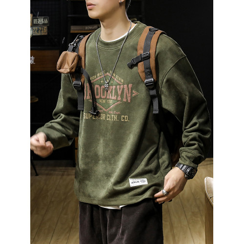 美式復古麂皮絨衛衣男春秋季寬鬆潮牌圓領長袖男裝上衣外套T恤潮