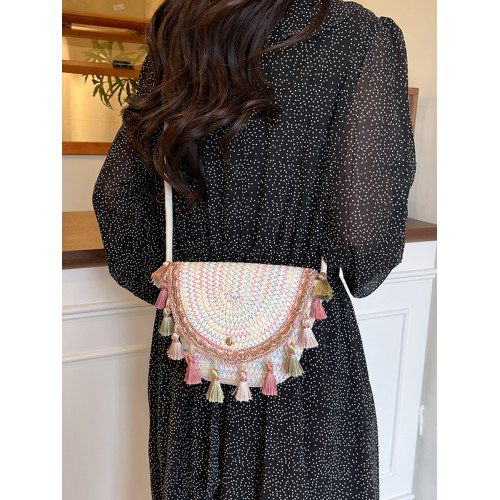 波西米亞風草編包2025夏季新款編織手拿包流蘇水桶包單肩斜背女包