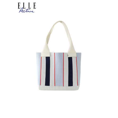 ELLE Active女包時尚撞色手提單肩包條紋編織包大容量托特包休閒