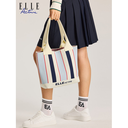 ELLE Active女包時尚撞色手提單肩包條紋編織包大容量托特包休閒
