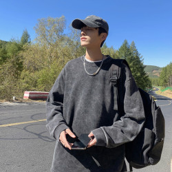 美式衛衣男春秋季純色水洗做舊圓領上衣寬鬆休閒長袖大碼情侶外套