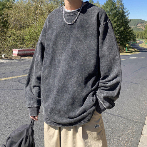 美式衛衣男春秋季純色水洗做舊圓領上衣寬鬆休閒長袖大碼情侶外套