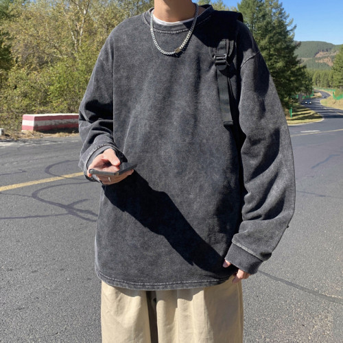 美式衛衣男春秋季純色水洗做舊圓領上衣寬鬆休閒長袖大碼情侶外套