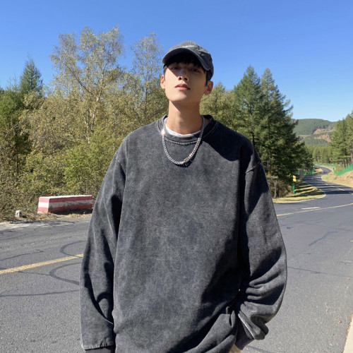 美式衛衣男春秋季純色水洗做舊圓領上衣寬鬆休閒長袖大碼情侶外套